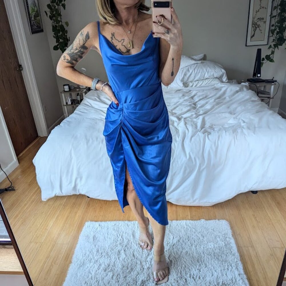 SHEIN BAE Solid Ruched Split Thigh Satin Cami Dress Size M